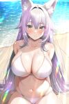 1girl animal_ear_fluff animal_ears arms_behind_back bare_shoulders beach bikini blush breasts cleavage dungeon_and_fighter eyeliner highres large_breasts makeup navel ocean outdoors purple_hair sitting skindentation smile solo sunlight swimsuit thigh_gap thighs uonuma_yuu white_bikini 