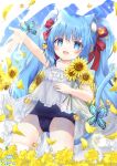  1girl :d animal animal_ear_fluff animal_ears bangs bare_arms bare_shoulders blue_eyes blue_hair blue_one-piece_swimsuit blush bow bug butterfly cat_ears cat_girl cat_tail collarbone commentary_request dress flower frilled_dress frills hair_between_eyes hair_bow highres long_hair name_tag object_hug old_school_swimsuit one-piece_swimsuit original petals red_bow school_swimsuit see-through siera_(sieracitrus) sleeveless sleeveless_dress smile solo sunflower swimsuit swimsuit_under_clothes tail twintails very_long_hair white_dress yellow_flower 