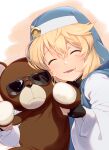  1boy ^_^ akisa_(12023648) androgyne_symbol black_gloves blonde_hair bridget_(guilty_gear) closed_eyes fingerless_gloves gloves guilty_gear guilty_gear_strive hair_between_eyes male_focus nun open_mouth otoko_no_ko short_hair smile solo stuffed_animal stuffed_toy sunglasses teddy_bear teeth upper_body 