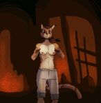  anthro bethesda_softworks bottomwear breasts clothed clothing ear_piercing ear_ring felid female garbagegarage green_eyes hair hi_res khajiit mammal nipples pants partially_clothed piercing ponytail ring_piercing solo the_elder_scrolls topless video_games 