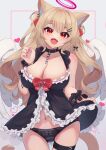  1girl :d absurdres angel angel_wings animal_ears belt black_belt black_dress black_panties braid breasts brown_hair cat_ears cat_tail cleavage dress ear_piercing fang frilled_dress frills hair_ornament hairclip halo heart highres hinata_(user_rjkt4745) large_breasts leg_belt long_hair looking_at_viewer open_mouth original panties piercing red_eyes single_braid skin_fang smile tail thighs underwear white_wings wings wrist_cuffs 