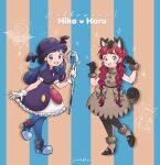  2girls :d bangs blue_eyes blue_hair blue_pantyhose blush boots braid brown_dress cane chloe_(pokemon) commentary dawn_(pokemon) dress eevee eyelashes frills gloves green_eyes hands_up hat high_heel_boots high_heels highres holding holding_cane long_hair multiple_girls open_mouth pantyhose piplup pokemon pokemon_(anime) pokemon_journeys short_sleeves signature sleeveless sleeveless_dress smile soulubles teeth twin_braids white_gloves 