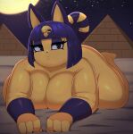  absurd_res animal_crossing ankha_(animal_crossing) anthro belly_on_ground big_breasts big_butt braffy breasts butt cat_ears_(disambiguation) cat_tail domestic_cat egyptian eyelashes eyeshadow feet felid feline felis female hair hi_res huge_breasts light makeup mammal moon moonlight night nintendo nude pyramid sand solo stripes thick_thighs video_games 