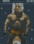  anthro body_hair bottomwear chest_hair clothed clothing drawstring fighting_ring fingerless_gloves gloves handwear happy_trail hi_res hotpants male mammal martial_arts muscular nipples rhinocerotoid rrougarou1 shorts shorts_only solo tattoo topless ufc 