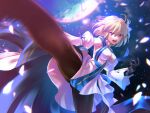  1girl archetype_earth arcueid_brunestud black_gloves blonde_hair dress fate/grand_order fate_(series) gloves gyoza_(pi512126) highres kicking open_mouth pantyhose red_hair short_hair solo white_dress 