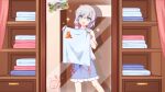  +_+ 1girl :d blue_eyes blue_skirt cabinet female_pov hair_ornament hairclip highres holding holding_towel honkai_(series) honkai_impact_3rd indoors long_hair mirror official_art open_mouth pov reflection shirt short_sleeves side_ponytail skirt smile solo theresa_apocalypse towel white_hair white_shirt 