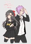  2boys black_hair black_serafuku black_thighhighs bow buu_(buu02) collar collarbone crossdressing crossed_arms euphoria_(clockup) grey_background hair_between_eyes hair_bow hand_in_own_hair julius_juukulius long_hair long_sleeves looking_at_viewer male_focus multiple_boys natsuki_subaru natsumi_schwarz purple_hair re:zero_kara_hajimeru_isekai_seikatsu red_bow sailor_collar school_uniform serafuku short_hair simple_background skirt smile thighhighs yellow_eyes 