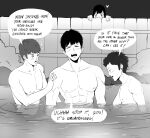  1girl 3boys abs commentary english_commentary fence francisco_mon greyscale heart highres monochrome multiple_boys muscular muscular_male onsen original partially_submerged peeking sparkle toned toned_male yaoi 