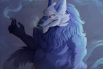 2022 anthro artist_name belly big_belly blue_body blue_fur cheek_tuft cigar dated facial_tuft fur half-length_portrait high-angle_view looking_at_viewer male neck_tuft nude portrait santanahoffman simple_background smoke smoking solo species_request tuft yellow_eyes 