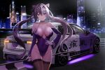 1girl absurdres azur_lane blue_eyes blush breasts car checkered_flag checkered_hairband choker cityscape cleavage closed_mouth collarbone cone_hair_bun covered_navel cowboy_shot detached_sleeves flag gloves groin ground_vehicle hair_bun hand_on_hip highleg highleg_leotard highres holding holding_flag kcar66t large_breasts leotard long_hair long_sleeves looking_at_viewer motor_vehicle night outdoors purple_hair purple_leotard race_queen race_vehicle racecar smile solo thigh_gap twintails vehicle_request very_long_hair white_choker white_gloves ying_swei_(azur_lane) 