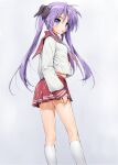  1girl blue_eyes bow bukkake cum cum_on_clothes cum_on_hair cum_on_legs facial grey_background hair_bow hair_ribbon hiiragi_kagami ishikei kneepits legs lips long_hair long_legs looking_back lucky_star midriff pleated_skirt purple_hair red_sailor_collar ribbon ryouou_school_uniform sailor_collar school_uniform serafuku simple_background skirt smile solo thighs tsurime twintails white_background 