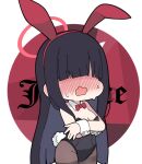  1girl animal_ears bare_shoulders black_hair black_leotard blue_archive blush bow bowtie breasts chibi cleavage collar commentary_request detached_collar fake_animal_ears hair_over_eyes hairband halo justice_committee_club_member_(blue_archive) leotard long_hair medium_breasts nose_blush nyaru_(nyaru_4126) open_mouth playboy_bunny rabbit_ears rabbit_tail red_bow red_bowtie red_hairband round_image solo strapless strapless_leotard sweat tail very_long_hair wavy_mouth white_collar wing_collar wrist_cuffs 