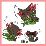  :3 :d =3 anger_vein animal_ear_fluff black_cat blush bow broken cat clenched_teeth cropped_torso flying_sweatdrops highres holding jitome kaenbyou_rin kaenbyou_rin_(cat) leaf licking multiple_views nekomata no_humans noai_nioshi plant potted_plant red_bow simple_background smile sound_effects teeth touhou upper_body white_background 