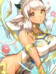  1girl animal_ears armband ash_(fire_emblem) bangs bare_shoulders breasts choker cow_ears cow_girl cow_horns cow_tail cowboy_shot dark-skinned_female dark_skin earrings fire_emblem fire_emblem_heroes flower gold_trim groin hair_ornament highres horns jewelry large_breasts liszodow long_hair looking_at_viewer pelvic_curtain pout pouty_lips solo tail v-shaped_eyebrows wide_hips yellow_eyes 