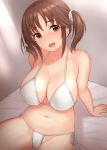  1girl bikini blush breasts brown_eyes hair_ribbon highres idolmaster idolmaster_cinderella_girls large_breasts looking_at_viewer navel open_mouth ribbon side-tie_bikini_bottom sitting smile solo swimsuit tomajiyama totoki_airi twintails white_bikini white_ribbon 