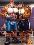  3:4 anthro big_pecs clothed clothing dream_and_nightmare duo felid flexing fur hi_res male mammal muscular muscular_anthro muscular_male night_(dream_and_nightmare) nipples pantherine pecs samba_(sbt) striped_body striped_fur stripes super_buckyball_tournament tiger 