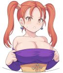  1girl bangs bare_shoulders blush breasts cleavage corset dragon_quest dragon_quest_viii earrings jessica_albert jewelry large_breasts long_hair looking_at_viewer off-shoulder_shirt off_shoulder orange_eyes orange_hair parted_bangs purple_shirt shirt shiseki_hirame simple_background solo twintails white_background 