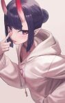  1girl :p akanbe alternate_costume black_hair black_nails blush casual chorogon collarbone commentary_request fate/grand_order fate_(series) hair_bun hood hood_down hoodie horns long_sleeves looking_at_viewer nail_polish oni_horns purple_eyes short_hair shuten_douji_(fate) sidelocks simple_background single_hair_bun skin-covered_horns solo tongue tongue_out upper_body white_background white_hoodie 