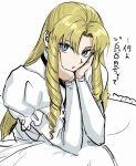  1girl bangs blonde_hair blue_eyes commentary_request dress drill_hair head_rest highres konjiki_no_gash!! long_hair long_sleeves looking_at_viewer parted_bangs parted_lips sherry_belmont simple_background solo translation_request tsuki1910 white_background white_dress 