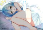  1girl :d ahoge ass aties20 bangs bare_arms bare_shoulders barefoot bed_sheet blue_hair blue_nails brown_eyes feet_out_of_frame hair_between_eyes hololive knees_together_feet_apart lingerie long_hair looking_at_viewer lying nail_polish negligee notice_lines on_side pointy_ears smile solo translation_request underwear virtual_youtuber yukihana_lamy 