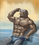  abs anthro body_hair chest_hair hairy_arms happy_trail hi_res looking_at_viewer lutrine male mammal muscle_vein muscular mustelid nipples rrougarou1 smile solo speedo_only swimming_goggles swimming_pool 