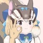  1girl animal_costume animal_ear_fluff animal_ears bow bowtie brown_eyes brown_hair chipmunk_costume chipmunk_ears chipmunk_girl chipmunk_tail extra_ears gloves kemono_friends kemono_friends_v_project looking_at_viewer microphone mukouyama_mu multicolored_hair ribbon scarf shirt short_hair siberian_chipmunk_(kemono_friends) simple_background solo tail vest virtual_youtuber white_hair 