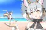  2girls animal_costume animal_ear_fluff animal_ears beach boots bow bowtie brown_hair chipmunk_costume chipmunk_ears chipmunk_girl chipmunk_tail dress fox_ears fox_girl gloves grey_hair hat island_fox_(kemono_friends) kemono_friends kemono_friends_v_project long_hair looking_at_viewer microphone mukouyama_mu multicolored_hair multiple_girls open_mouth orange_hair ribbon scarf shirt short_hair shorts siberian_chipmunk_(kemono_friends) smile summer sundress tail vest virtual_youtuber white_hair 