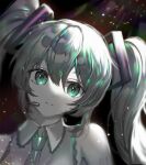  1girl :/ bangs bare_shoulders dark_room grey_hair grey_necktie grey_shirt hatsune_miku headset highres light long_hair looking_at_viewer monochrome necktie raymond_busujima shirt sleeveless sleeveless_shirt solo spot_color twintails two-tone upper_body vocaloid 