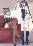  2girls bdsm black_one-piece_swimsuit gag gagged green_eyes green_hair grey_hair highres kantai_collection leather multiple_girls nuppunuppu scamp_(kancolle) swimsuit yamakaze_(kancolle) 
