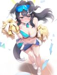  1girl absurdres animal_ears arms_up bangs bare_shoulders blue_archive blush breasts cheerleader cleavage confetti dog_ears dog_girl dog_tail eyewear_on_head goggles goggles_on_head halo hibiki_(blue_archive) hibiki_(cheerleader)_(blue_archive) highres holding holding_pom_poms long_hair looking_at_viewer medium_breasts navel official_alternate_costume pom_pom_(cheerleading) rable solo sticker_on_arm sticker_on_face tail 