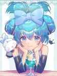  &gt;_&lt; 1girl aqua_background aqua_eyes aqua_hair bangs blue_bow blush bow cinnamiku cinnamoroll closed_mouth collared_shirt detached_sleeves food grey_shirt hair_bow hair_ornament hatsune_miku highres ice_cream long_hair long_sleeves looking_at_viewer raymond_busujima sanrio shirt sleeveless sleeveless_shirt smile striped striped_background sundae table two_side_up upper_body vocaloid white_background 