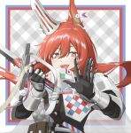  1girl :d arknights armor black_gloves bright_pupils ear_covers ear_tag earpiece fangs flametail_(arknights) floating_hair gauntlets gloves hair_between_eyes hands_up highres holding holding_sword holding_weapon kyoro_(kyoroillust) long_hair looking_at_viewer open_mouth red_eyes red_hair smile solo sword upper_body weapon white_pupils 