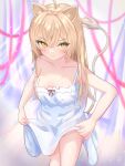  1girl ahoge animal_ears auroraescientia bangs bare_arms bare_shoulders blurry blush breasts brown_hair closed_mouth clothes_lift collarbone crossed_bangs dated depth_of_field dress dress_lift frilled_dress frills highres indie_virtual_youtuber lifted_by_self lion_ears lion_girl lion_tail long_hair looking_at_viewer no_panties rurudo_lion sidelocks signature sleeveless sleeveless_dress small_breasts smile solo standing sundress tail virtual_youtuber white_dress yellow_eyes 