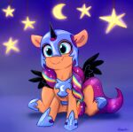  blue_eyes clothing costume earth_pony equid equine fangs friendship_is_magic hair hasbro hi_res horse mammal mlp_g5 multicolored_hair my_little_pony nightmare_moon_(mlp) pony purple_hair rutkotka sitting smile sunny_starscout_(mlp) 