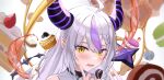  1girl ahoge blush braid cake close-up cupcake demon_girl demon_horns eating fangs finger_to_cheek food fork grey_hair highres hololive horns index_finger_raised la+_darknesss loloco long_hair looking_at_viewer multicolored_hair open_mouth pointy_ears purple_hair sidelocks solo star_(symbol) streaked_hair striped_horns virtual_youtuber yellow_eyes 