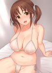  1girl bikini blush breasts brown_eyes hair_ribbon highres idolmaster idolmaster_cinderella_girls large_breasts looking_at_viewer navel nipples open_mouth ribbon see-through side-tie_bikini_bottom sitting smile solo swimsuit tomajiyama totoki_airi twintails white_bikini white_ribbon 