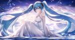  1girl absurdres alternate_costume bangs bare_shoulders blue_eyes blue_hair commentary_request dress hatsune_miku highres long_hair looking_at_viewer outdoors shoulder_tattoo sitting sleeveless sleeveless_dress smile solo tattoo twintails usagi_(786113654) very_long_hair vocaloid white_dress 
