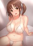  1girl bikini blush breasts brown_eyes hair_ribbon highres idolmaster idolmaster_cinderella_girls large_breasts looking_at_viewer navel nipples open_mouth ribbon see-through side-tie_bikini_bottom sitting smile solo swimsuit tomajiyama totoki_airi twintails white_bikini white_ribbon 