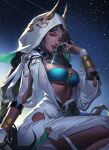  1girl bandeau black_hair blue_eyes bracelet breasts character_request cleavage commentary_request head_chain highres hood jewelry large_breasts long_hair looking_at_viewer midriff night night_sky parted_lips red_lips sitting sky solo strapless tube_top wuqi_mitu yin_lan_xue 