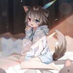  1girl :d absurdres animal_ears bare_legs barefoot blue_eyes brown_hair claw_pose commission dog_ears dog_girl dog_tail fang full_body hasuki_rui hazakura_chikori heterochromia highres hood hood_down hoodie indie_virtual_youtuber long_sleeves looking_at_viewer medium_hair no_pants pillow red_eyes second-party_source sitting skeb_commission skin_fang sleepwear sleeves_past_wrists smile striped striped_hoodie tail virtual_youtuber wariza 