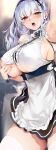  1girl absurdres apron arm_up armpits azur_lane bangs bare_shoulders black_skirt blush breasts clothing_cutout dido_(azur_lane) earrings frills grabbing_own_breast highres huge_breasts jewelry long_hair looking_at_viewer marushin_(denwa0214) open_mouth red_eyes sideboob skirt solo thighhighs thighs underboob underboob_cutout waist_apron white_thighhighs 