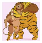  2022 absurd_res anthro belly big_belly big_moobs black_nose bulge clothed clothing cosplay cougar duo embrace felid feline hi_res horn horned_humanoid hug humanoid humanoid_hands lum&#039;s_father male mammal manlyster moobs nipples overweight overweight_male underwear ursid urusei_yatsura 