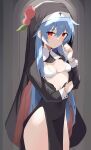  1girl absurdres alternate_costume blue_hair blush bra breasts closed_mouth covered_navel cowboy_shot habit hair_between_eyes highres hinanawi_tenshi long_hair medium_breasts navel nun pelvic_curtain red_eyes small_breasts solo tetsurou_(fe+) touhou underwear white_bra 