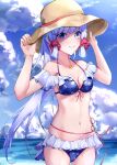  1girl 310setsu bangs bikini blue_eyes blue_hair blunt_bangs blush breasts cleavage closed_mouth commentary cowboy_shot frilled_bikini frills genshin_impact hair_ornament hair_scrunchie hands_on_headwear hat highres jewelry kamisato_ayaka light_blue_hair looking_at_viewer necklace ponytail red_scrunchie scrunchie small_breasts smile solo straw_hat swimsuit 