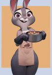  2022 anthro apron apron_only clothing disney female food fur grey_body grey_fur handwear hi_res judy_hopps lagomorph leporid long_ears mammal mostly_nude multicolored_body multicolored_fur open_mouth open_smile oven_mitts purple_eyes qupostuv35 rabbit simple_background smile solo two_tone_body two_tone_fur white_body white_fur zootopia 