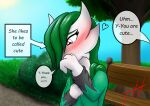  &lt;3 2022 3_fingers absurd_res blush detailed_background dialogue_box english_text female fingers flustered gardevoir generation_3_pokemon ghostth39 green_hair hair hair_over_eye hi_res humanoid looking_away medium_hair nintendo not_furry offscreen_character one_eye_obstructed park park_bench plant pokemon pokemon_(species) red_eyes ruby_(ghostth39) signature solo speech_bubble text tree video_games 