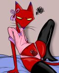  4:5 absurd_res annoyed anthro bow_ribbon cartoon_network clothed clothing courage_the_cowardly_dog crossdressing domestic_cat erection felid feline felis genitals hi_res illegaleel katz_(courage_the_cowardly_dog) legwear male mammal panties penis poking_out solo thigh_highs underwear 