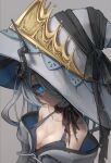  1girl bangs black_bow blue_eyes bow breasts fantasy from_above grey_background grey_hair hair_over_one_eye hat highres horns kajaneko long_hair looking_at_viewer medium_breasts off_shoulder original solo upper_body witch_hat 