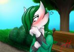  &lt;3 2022 3_fingers absurd_res blush detailed_background female fingers flustered gardevoir generation_3_pokemon ghostth39 green_hair hair hair_over_eye hi_res humanoid looking_away medium_hair nintendo not_furry offscreen_character one_eye_obstructed park park_bench plant pokemon pokemon_(species) red_eyes ruby_(ghostth39) signature solo tree video_games 