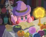  :3 boiling book cauldron chair closed_mouth halloween hat holding holding_test_tube indoors kirby kirby_(series) lamp light miclot no_humans orb pumpkin purple_headwear reading sitting smoke solo table test_tube vase witch_hat 